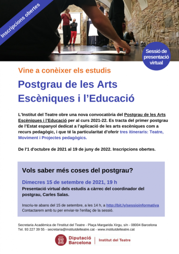 Sessió informativa postgrau arts escèniques i educació 2021