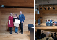 Núria Plana acompanyada de la degana de la Facultat, Margarita Freixas, i el rector de la UAB, Javier Lafuente, a l'acte d'inauguració del curs de la Facultat de Lletres de la UAB